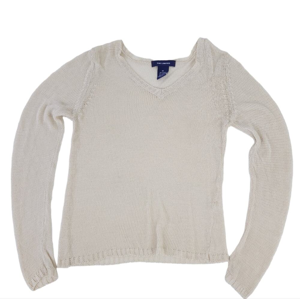 The Limited Mesh Open Knit Long Sleeve Vneck Blouse, Medium, Cream Made in Italy